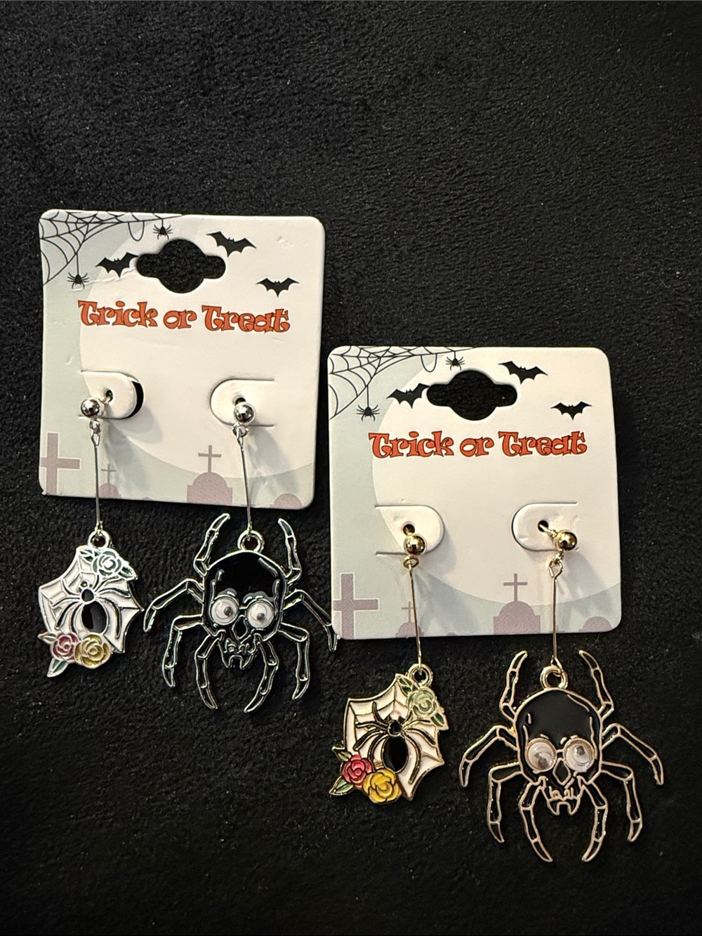 Halloween Spider Dangle Earrings - Silver and Gold-Tone - Set of 2